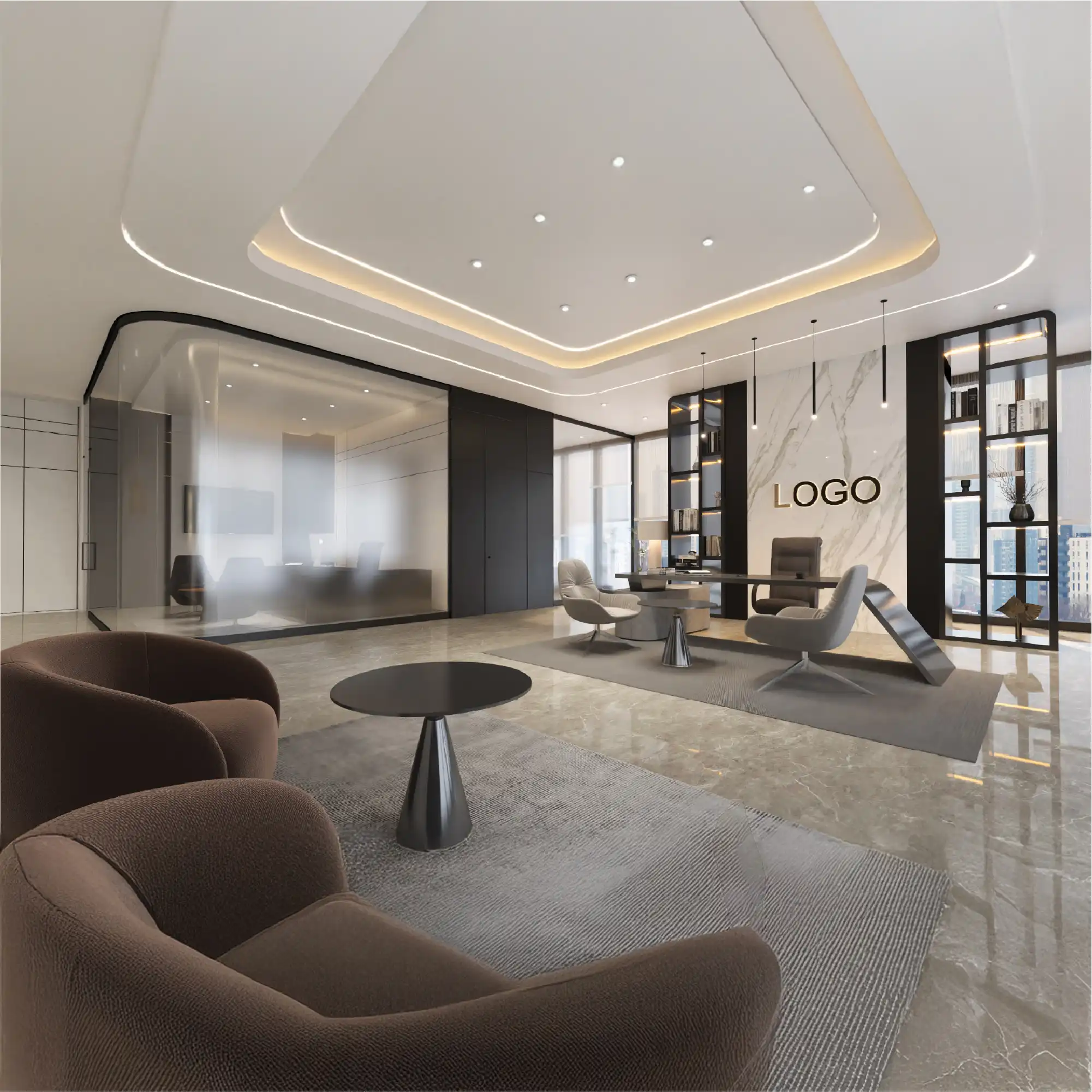 Reception concept, Dubai — ceiling and lighting layout above the counter