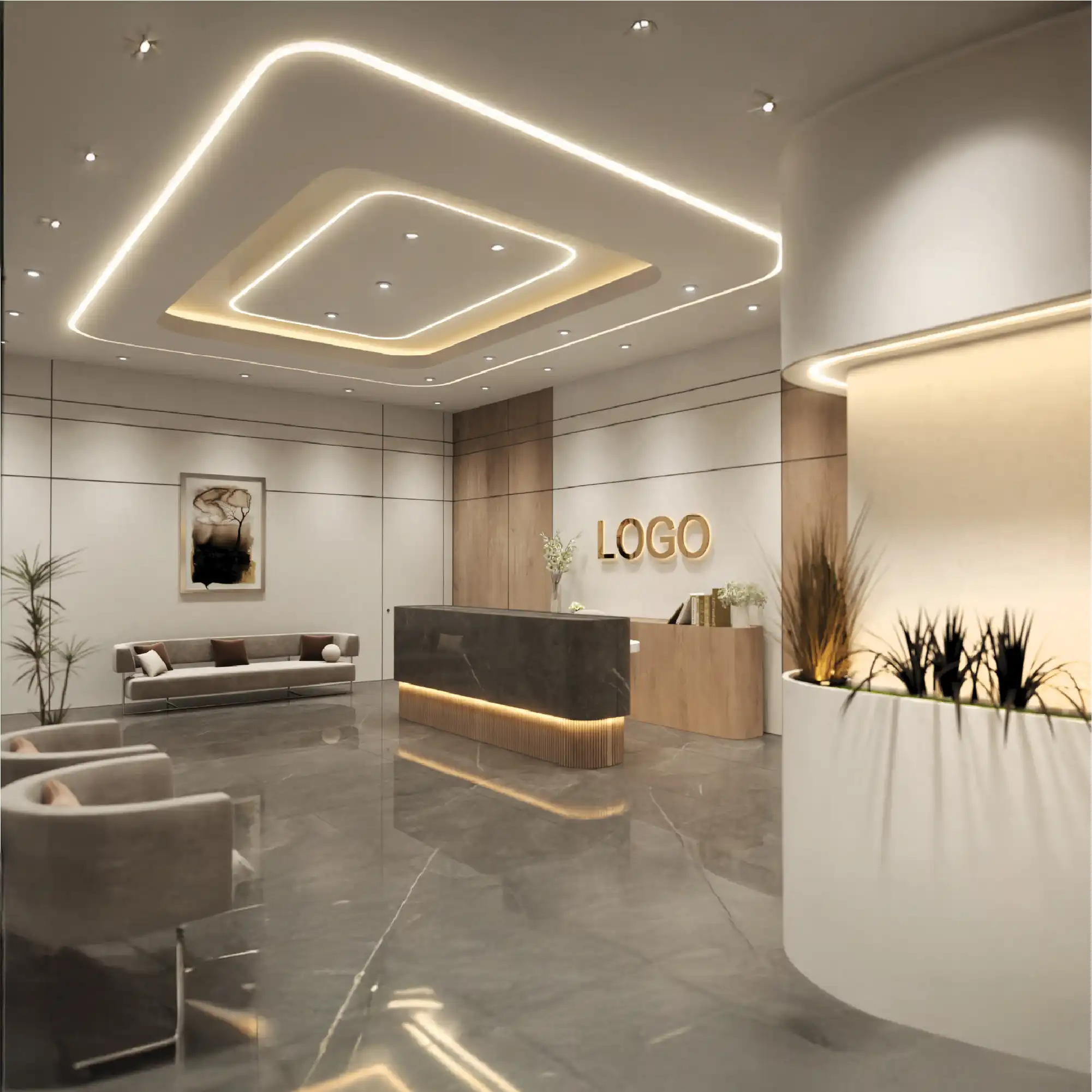 Modern Reception Interior Design Dubai, United Arab Emirates | Kenania Inventive Arts Modern reception interior design in Dubai featuring bespoke desk, ambient lighting, and minimalist décor.