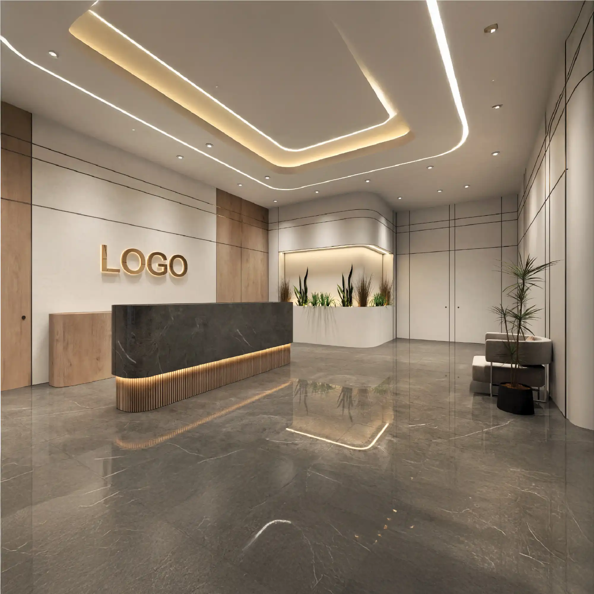 Reception concept, Dubai — bespoke desk elevation and material palette
