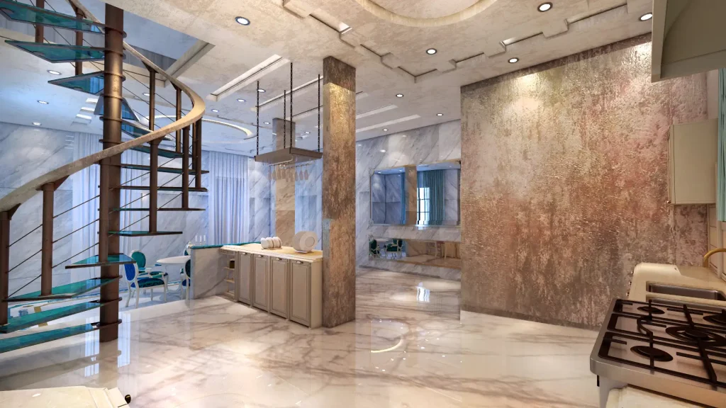 Neo-classical luxury living room in Kuala Lumpur with gold and emerald interior design