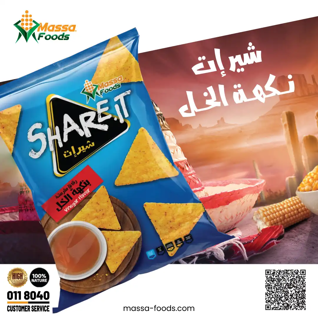 What a Brand Identity Package Should Actually Contain | Kenania Inventive Arts Massa Foods Share.it vinegar flavour tortilla chips in a bright blue pack with a red flavour flash, set against a desert scene with corn and chilli