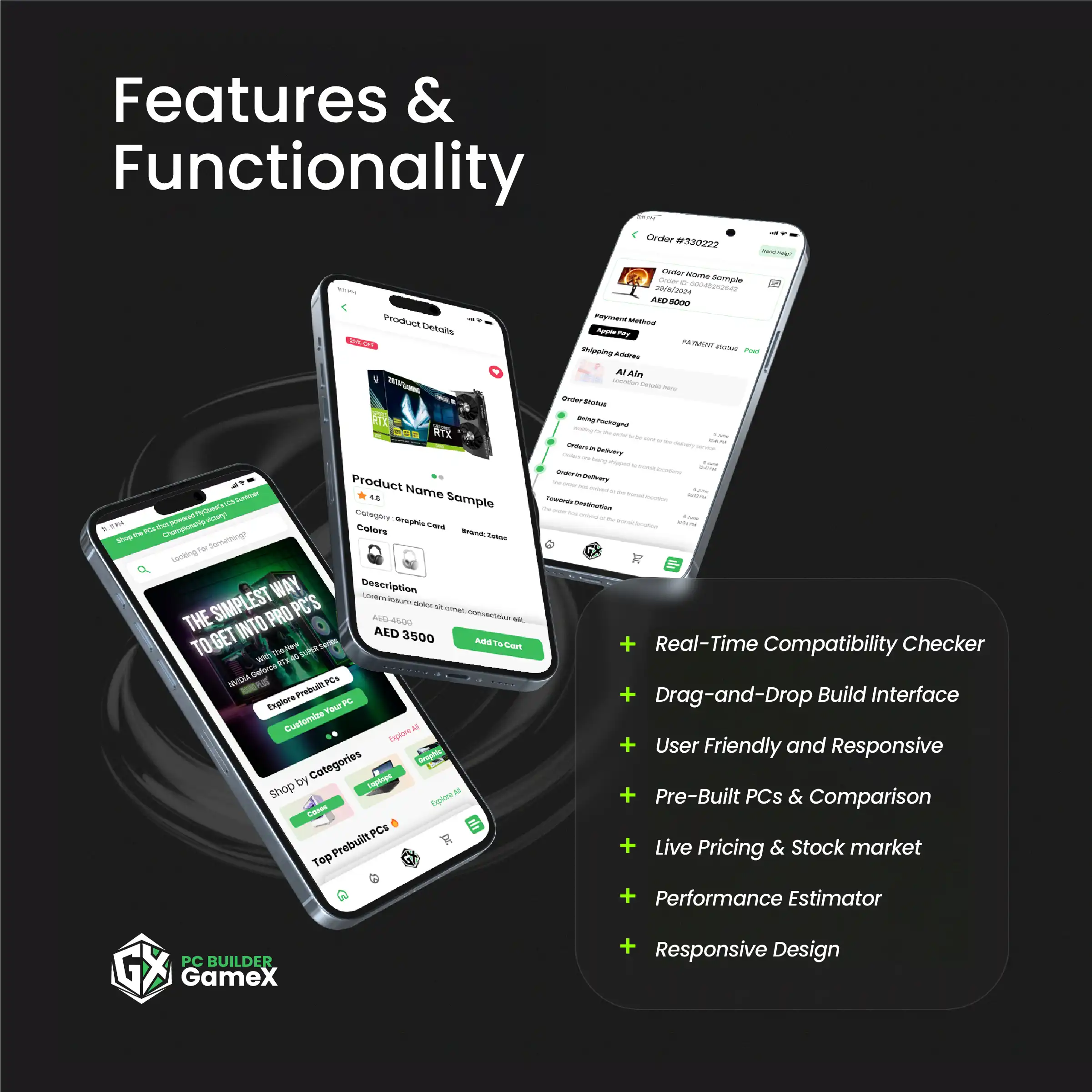 PC Builder E-commerce UI/UX: Inside the GameX Configurator | Kenania Inventive Arts Three GameX phone screens: a storefront with search and category tiles for cases and laptops, a graphics card product page at AED 3500 with an Add To Cart button, and an order tracking screen showing Apple Pay, an Al Ain shipping address and timestamped delivery stages