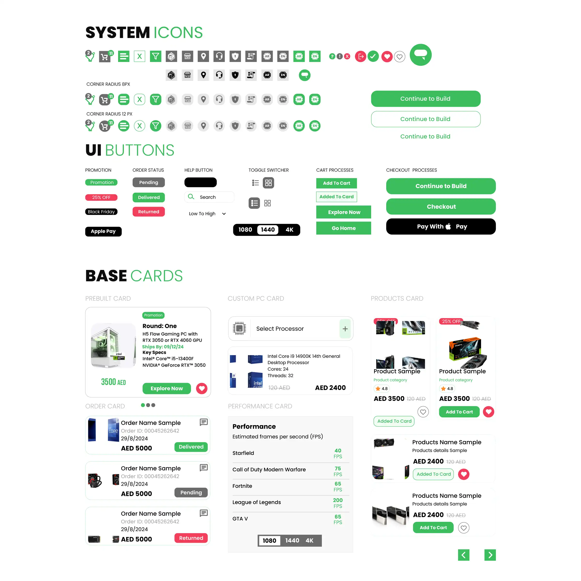 PC Builder E-commerce UI/UX: Inside the GameX Configurator | Kenania Inventive Arts GameX design system sheet showing system icons at three corner radii, UI buttons including Add To Cart, Added To Card, Checkout and Pay With Apple Pay, plus prebuilt, custom PC, order and performance cards listing estimated FPS per game title