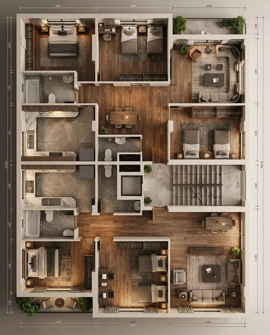 Dimensioned residential floor plan with millimetre dimension lines on all four sides, showing bedrooms with beds and wardrobes, marble kitchens, bathrooms with baths and WCs, a dining table with six chairs, balconies with planters, and a stair and lift core in the centre