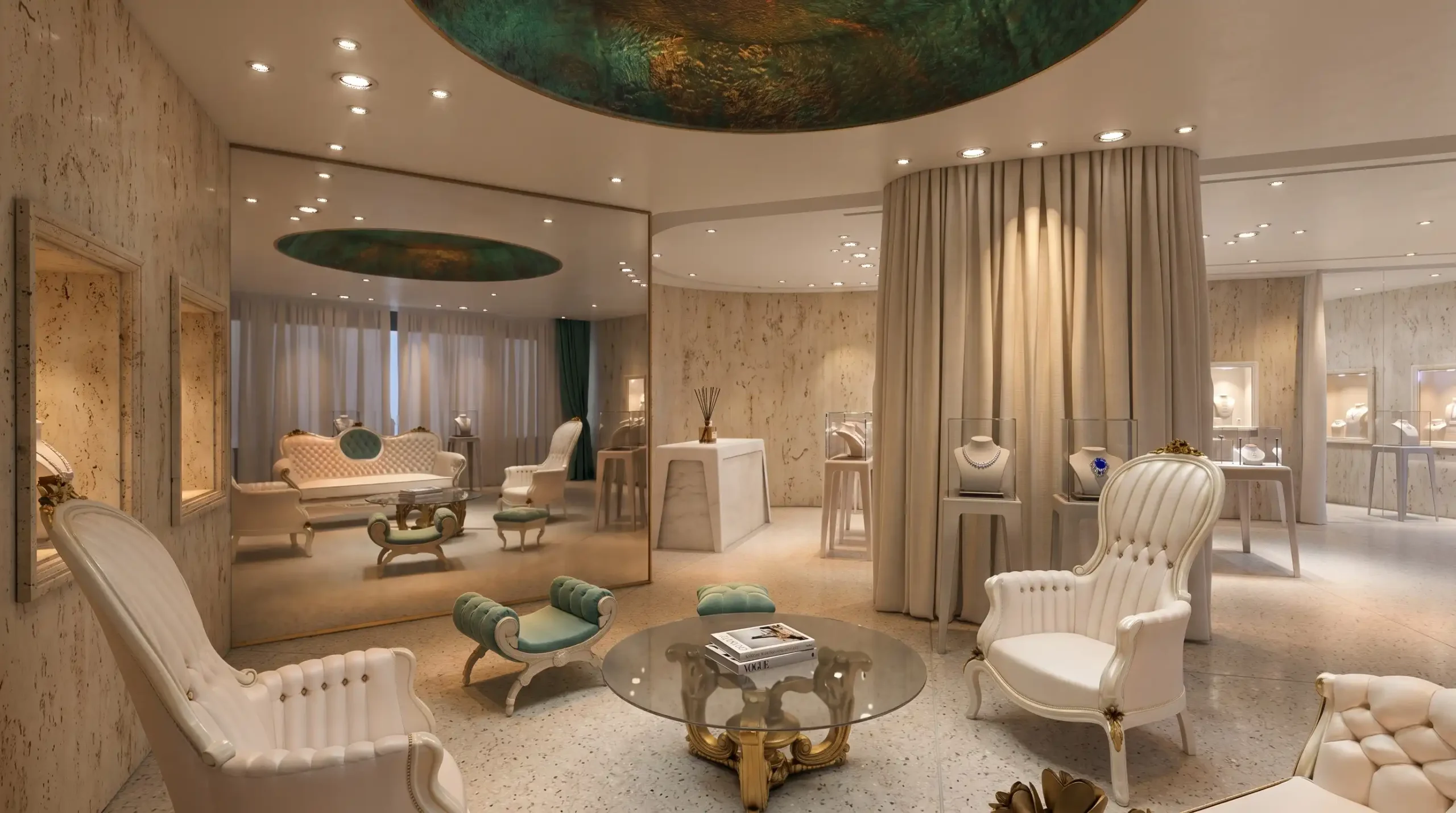 Jewellery Store Lighting Design: Getting Stones to Read | Kenania Inventive Arts Full-height mirror wall reflecting the seating area of a jewellery boutique, with white pedestal cases and a curtained viewing bay alongside