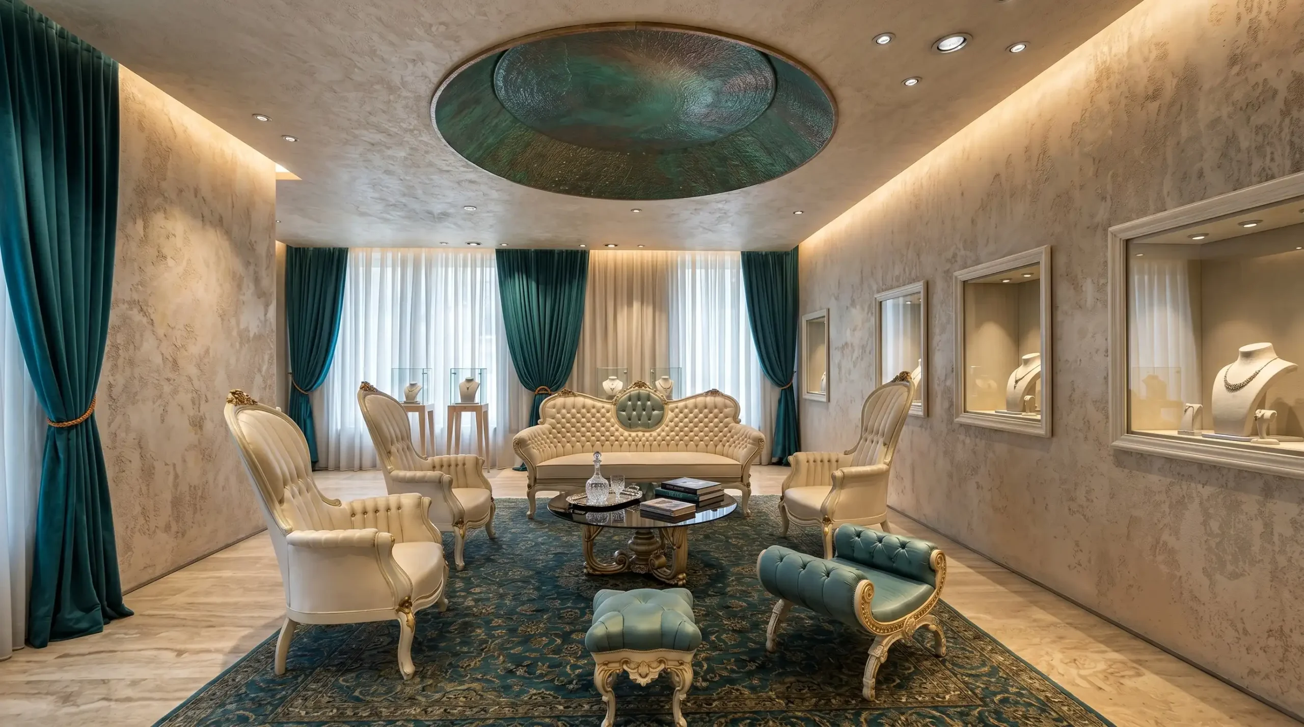 Jewellery Store Lighting Design: Getting Stones to Read | Kenania Inventive Arts Boutique salon with a cove-lit perimeter, teal velvet curtains, seating around a low round table and lit display niches along the right wall