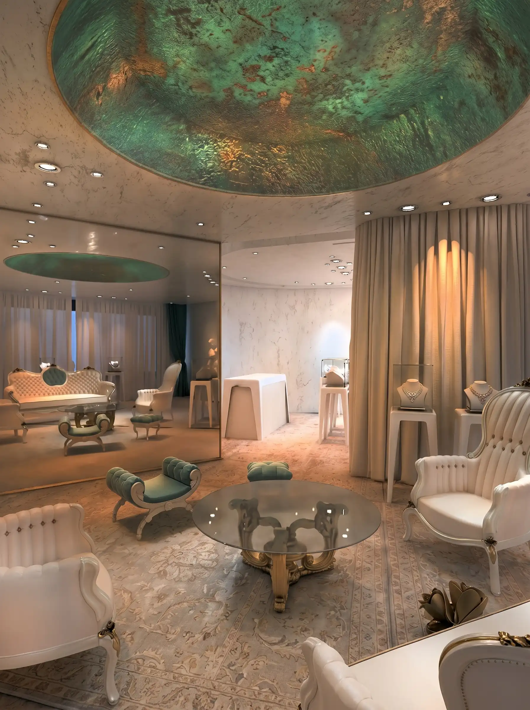 Jewellery Store Lighting Design: Getting Stones to Read | Kenania Inventive Arts Green and copper patinated oval ceiling feature above a jewellery salon, with a cream curtained bay and two white pedestal stands holding stone-set necklaces on busts