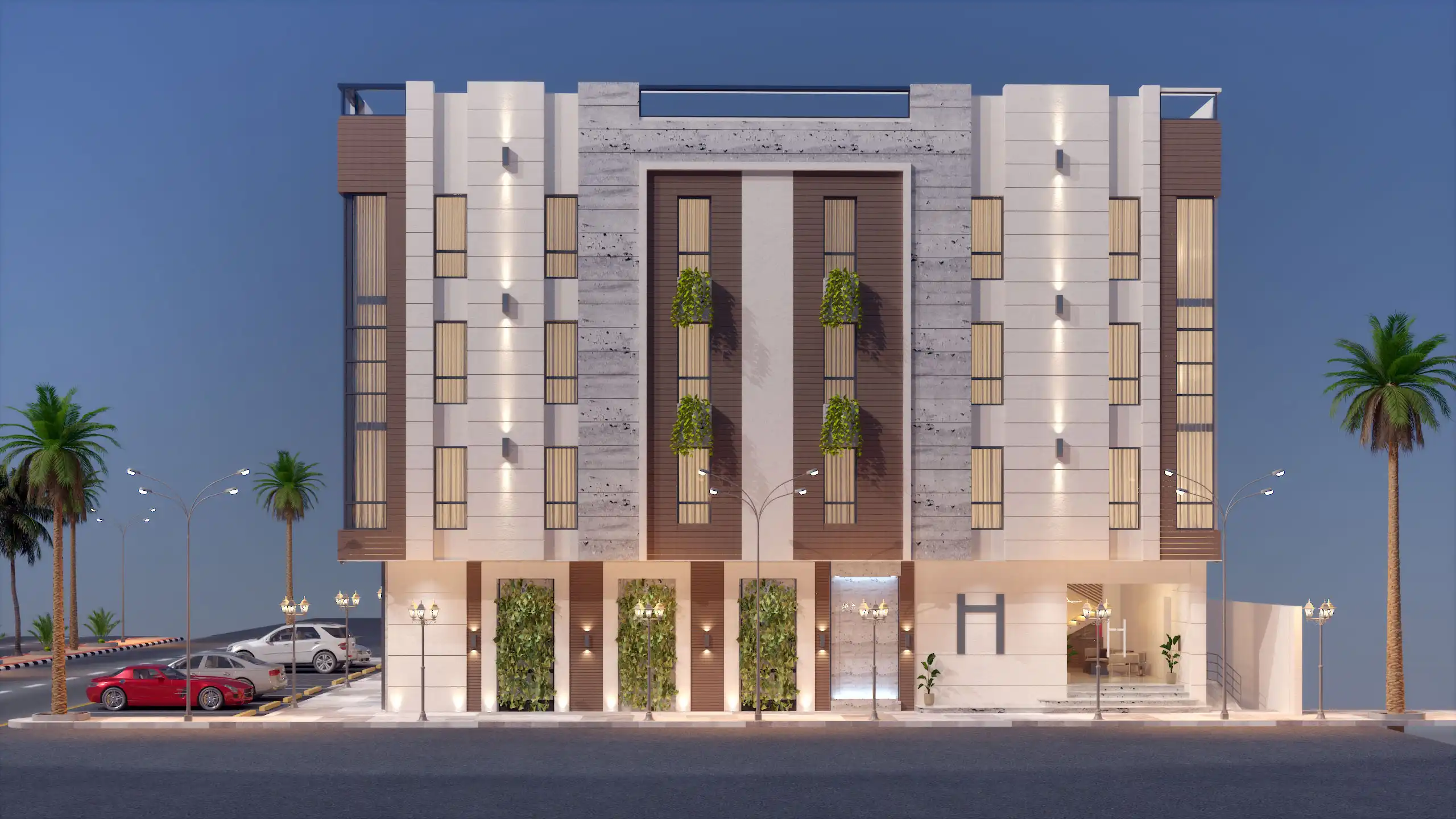 Residential Building Facade Design in Saudi Arabia: A Practical Guide | Kenania Inventive Arts Dusk elevation of the Jeddah residential building showing slatted screens set into the window openings and hanging planters on the central timber bay