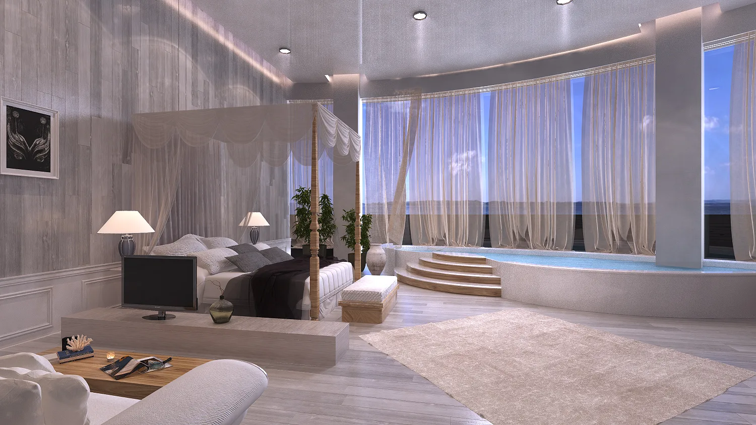 Resort suite with a four-poster bed under sheer drapes, curved floor-to-ceiling glazing and steps down into a private plunge pool