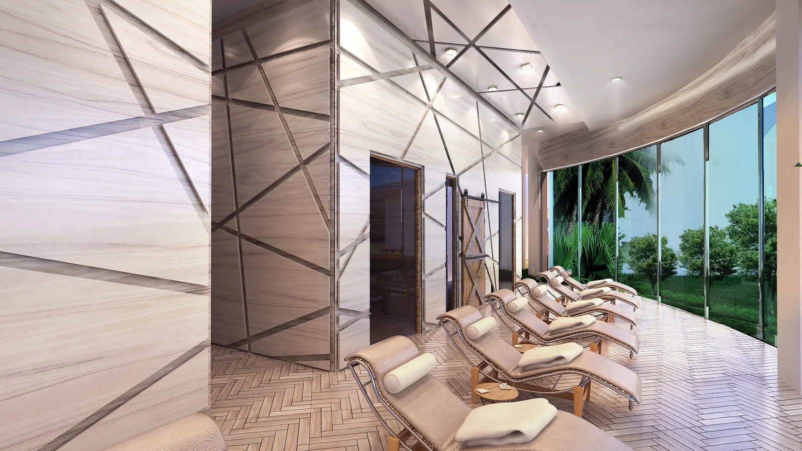 Spa corridor with strapwork panelling carried across wall and ceiling, timber loungers with rolled towels and treatment room doors along one side