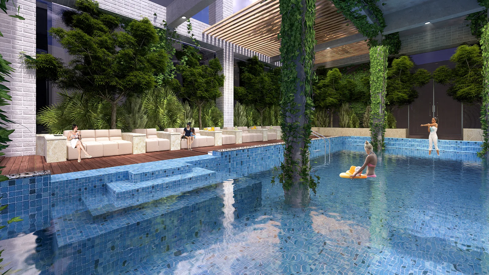Spa pool in blue mosaic tile under a slatted pergola, with columns wrapped in greenery and modular seating on raised plinths