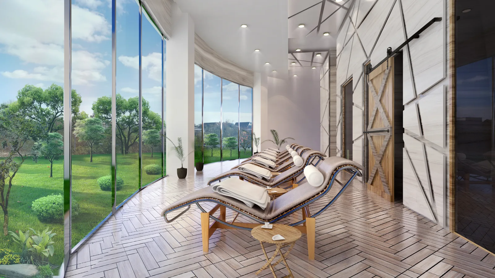 Indoor spa lounge with curved timber loungers set against a curved floor-to-ceiling glass wall overlooking a garden