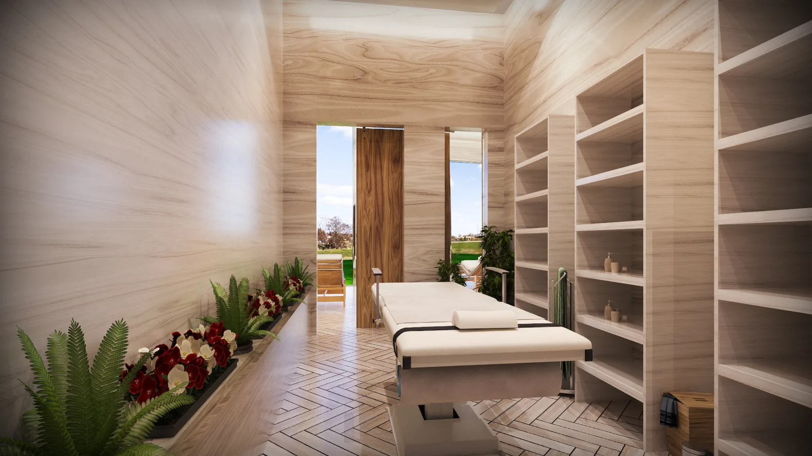 Spa treatment room with a massage bed, pale veined panelling, open shelving and a planting bed recessed into the floor