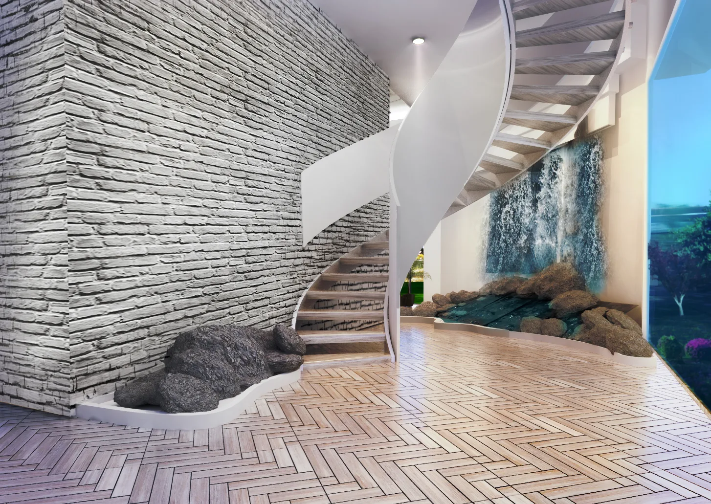 White brick wall with a sculptural spiral staircase and a rock and water feature set into the floor at its base