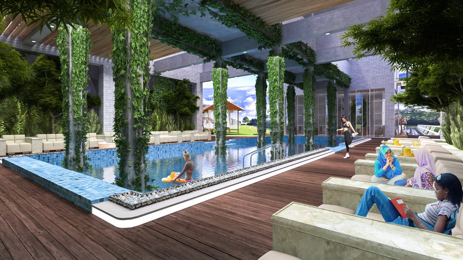 Long spa pool flanked by square columns wrapped in trailing greenery, with a timber deck and tiered stone seating