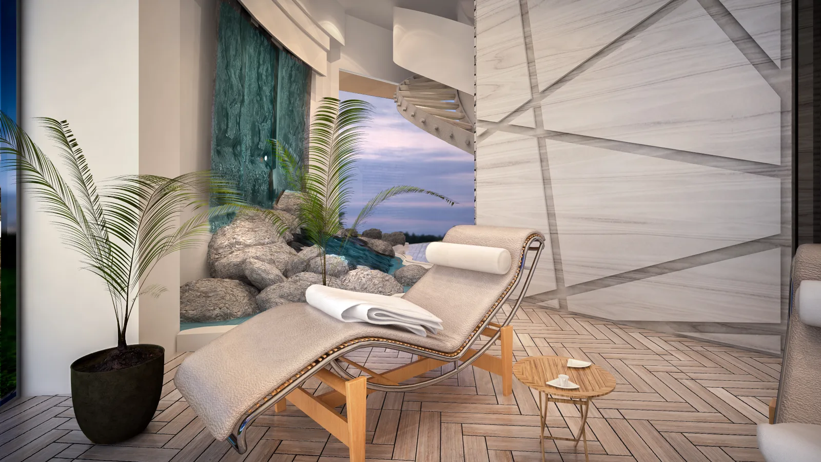 Spa relaxation nook with a curved lounger, potted palms, a rock and water feature and pale veined panelling behind