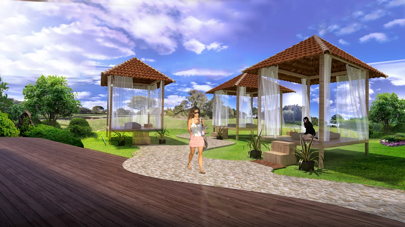 Outdoor spa cabanas with tiled pitched roofs and white drapes on a lawn, linked by a curving stone path