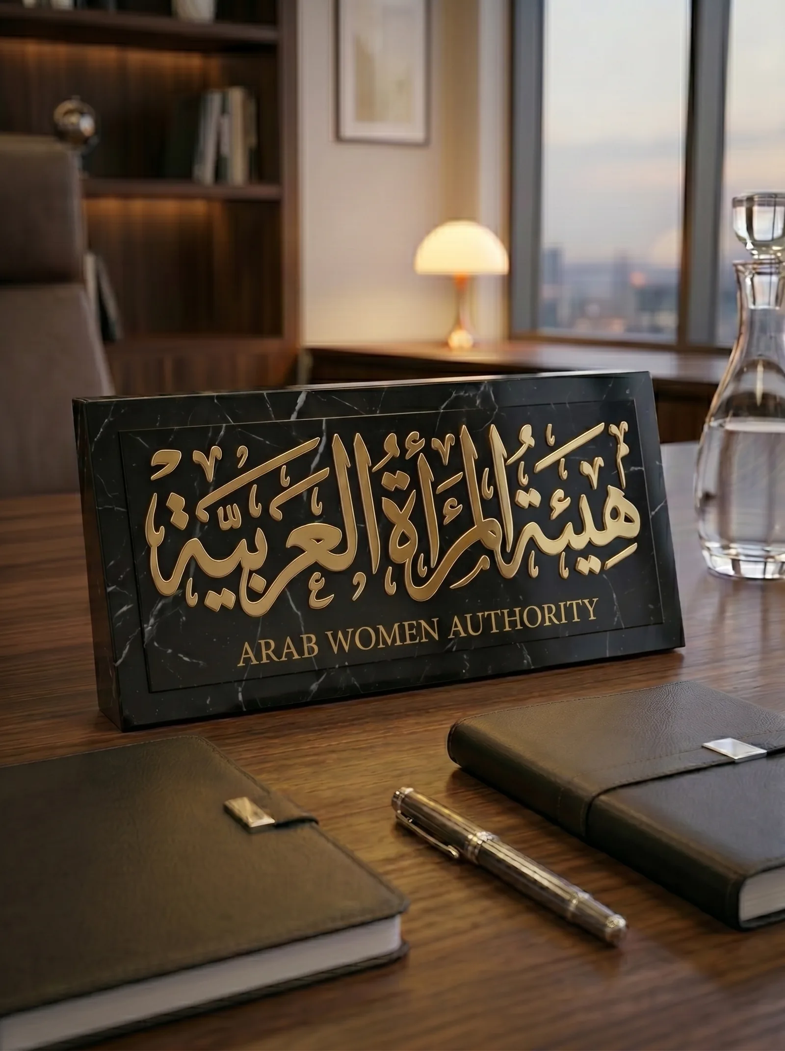 Render: a desk nameplate in gold on black