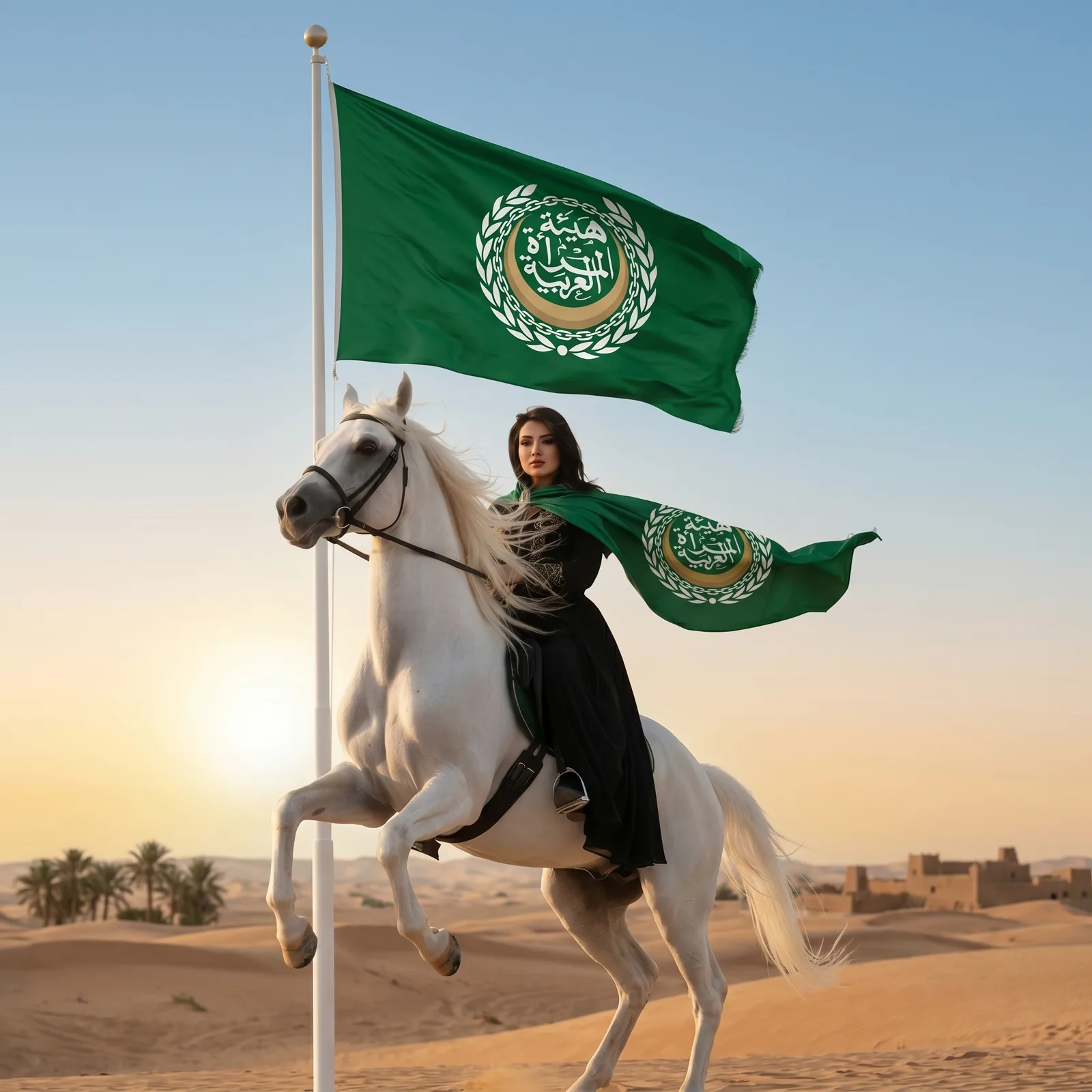 Concept visual: a rider carrying the Authority flag in the desert at sunset