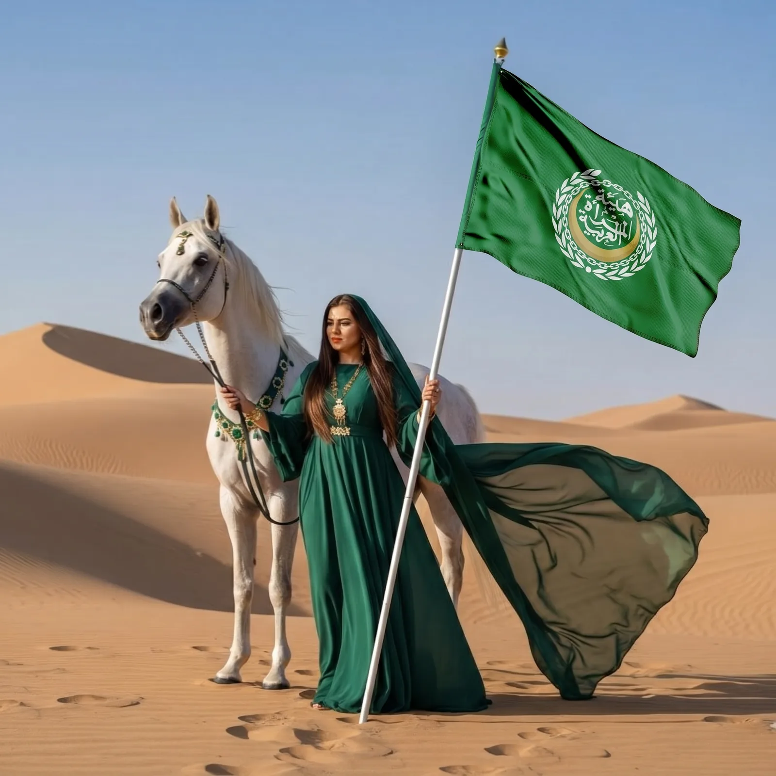 Concept visual: the Authority flag in the desert beside a white horse