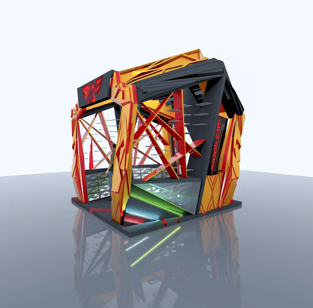 Armageddon Gaming Kiosk: A Faceted Red-and-Gold Pavilion, from the 2014 Concept to 2026 Visuals | Kenania Inventive Arts Armageddon kiosk: three-quarter view of the faceted shell