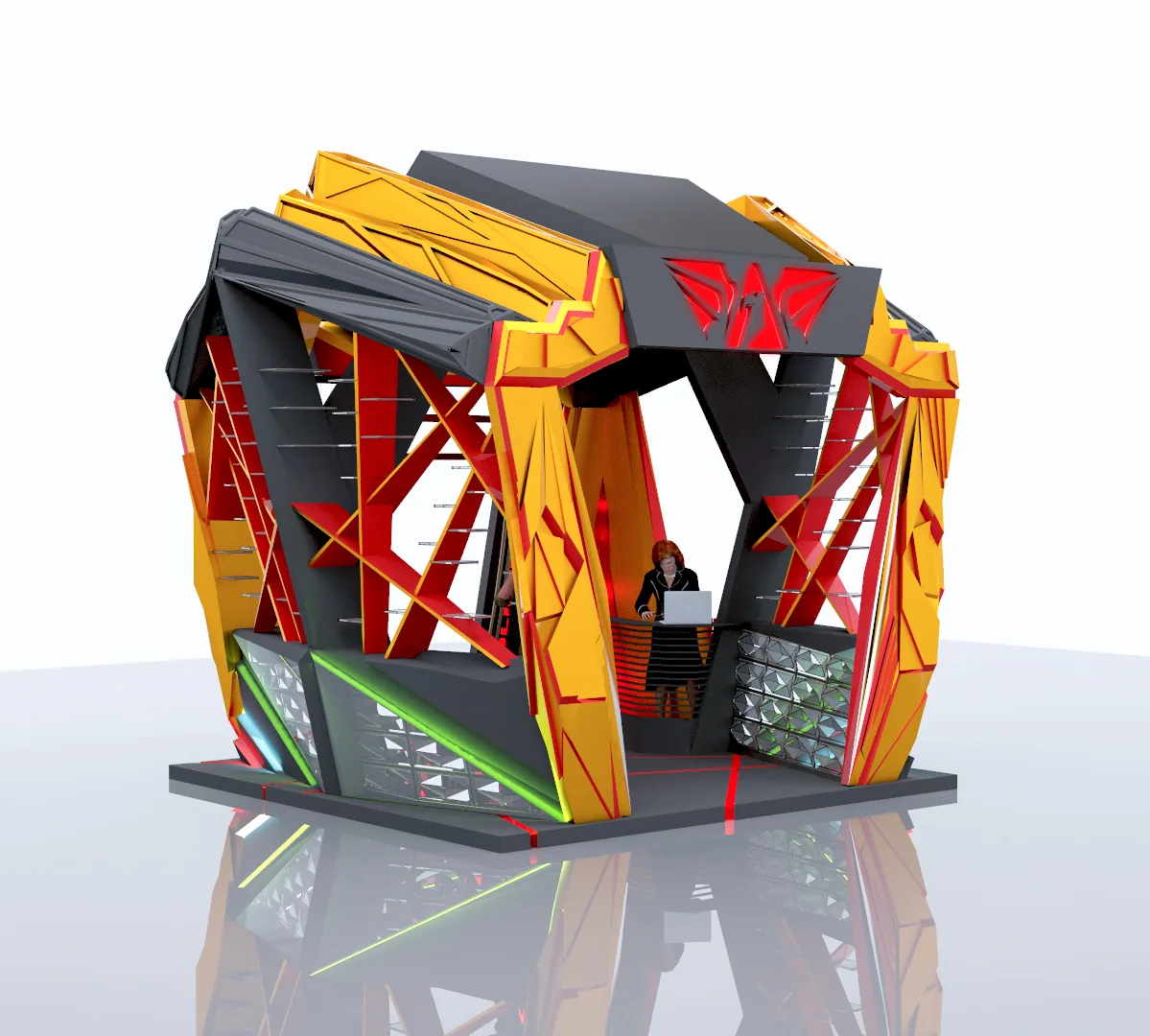 Armageddon Gaming Kiosk: A Faceted Red-and-Gold Pavilion, from the 2014 Concept to 2026 Visuals | Kenania Inventive Arts Armageddon kiosk: open side with display counters and LED strips