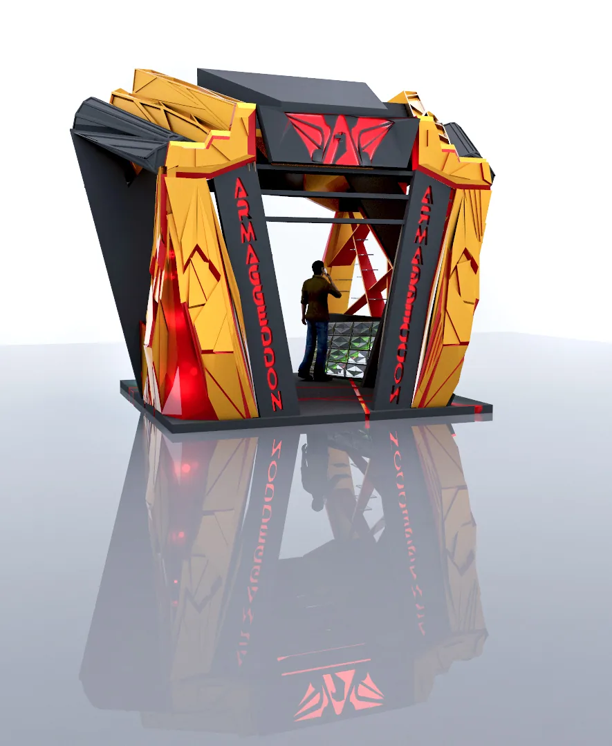 Armageddon Gaming Kiosk: A Faceted Red-and-Gold Pavilion, from the 2014 Concept to 2026 Visuals | Kenania Inventive Arts Armageddon kiosk: rear view with the emblem lit