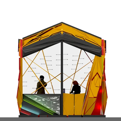 Armageddon Gaming Kiosk: A Faceted Red-and-Gold Pavilion, from the 2014 Concept to 2026 Visuals | Kenania Inventive Arts Side elevation: angled shell panels and glass front