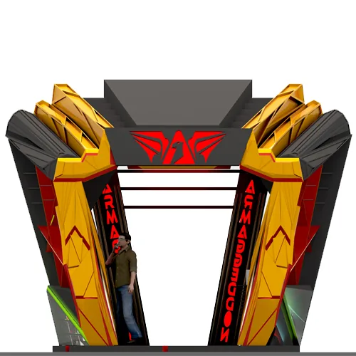 Armageddon Gaming Kiosk: A Faceted Red-and-Gold Pavilion, from the 2014 Concept to 2026 Visuals | Kenania Inventive Arts Front elevation with the Armageddon lettering on both pylons