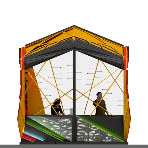 Armageddon Gaming Kiosk: A Faceted Red-and-Gold Pavilion, from the 2014 Concept to 2026 Visuals | Kenania Inventive Arts Side elevation: counter height and product wall