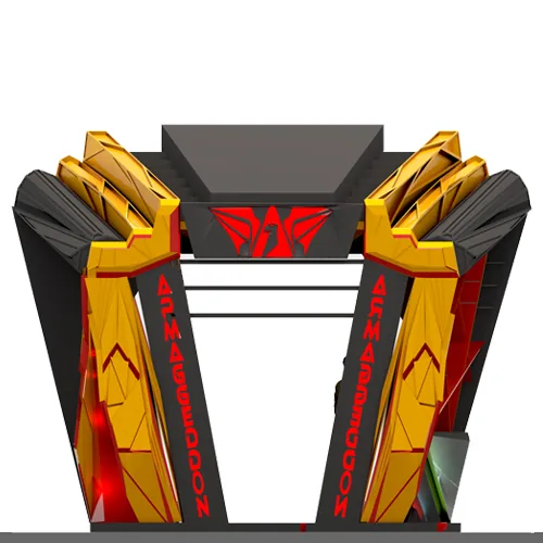 Armageddon Gaming Kiosk: A Faceted Red-and-Gold Pavilion, from the 2014 Concept to 2026 Visuals | Kenania Inventive Arts Rear elevation