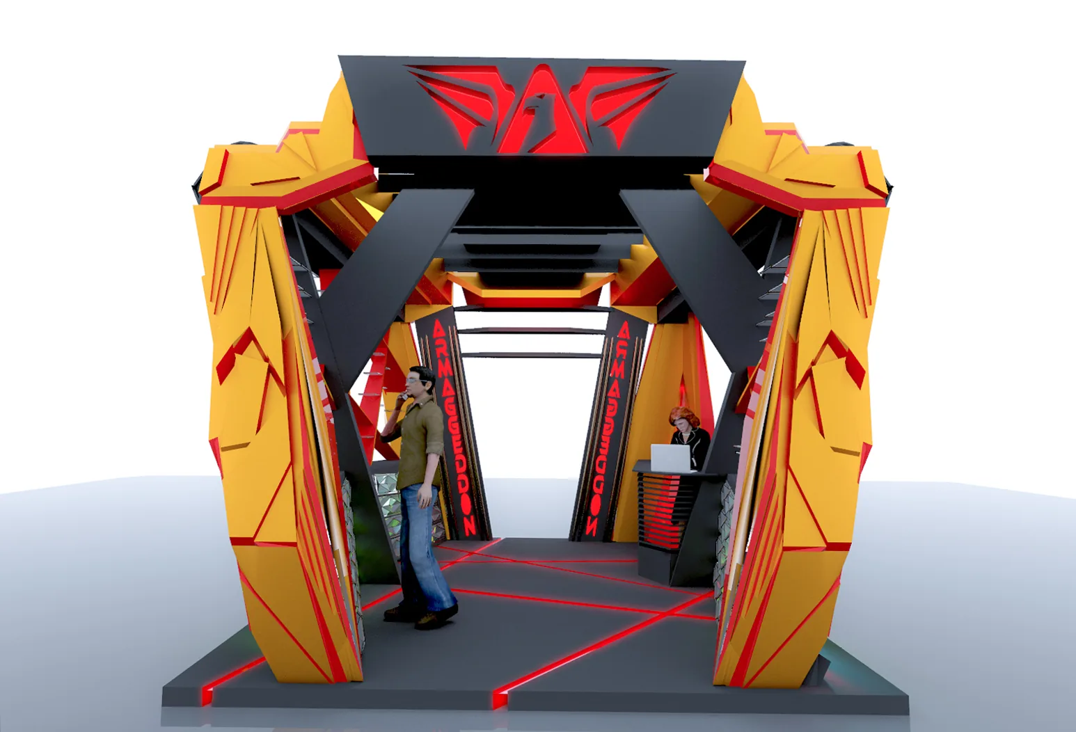 Armageddon Gaming Kiosk: A Faceted Red-and-Gold Pavilion, from the 2014 Concept to 2026 Visuals | Kenania Inventive Arts 2014 render: front view with the brand emblem over the entrance