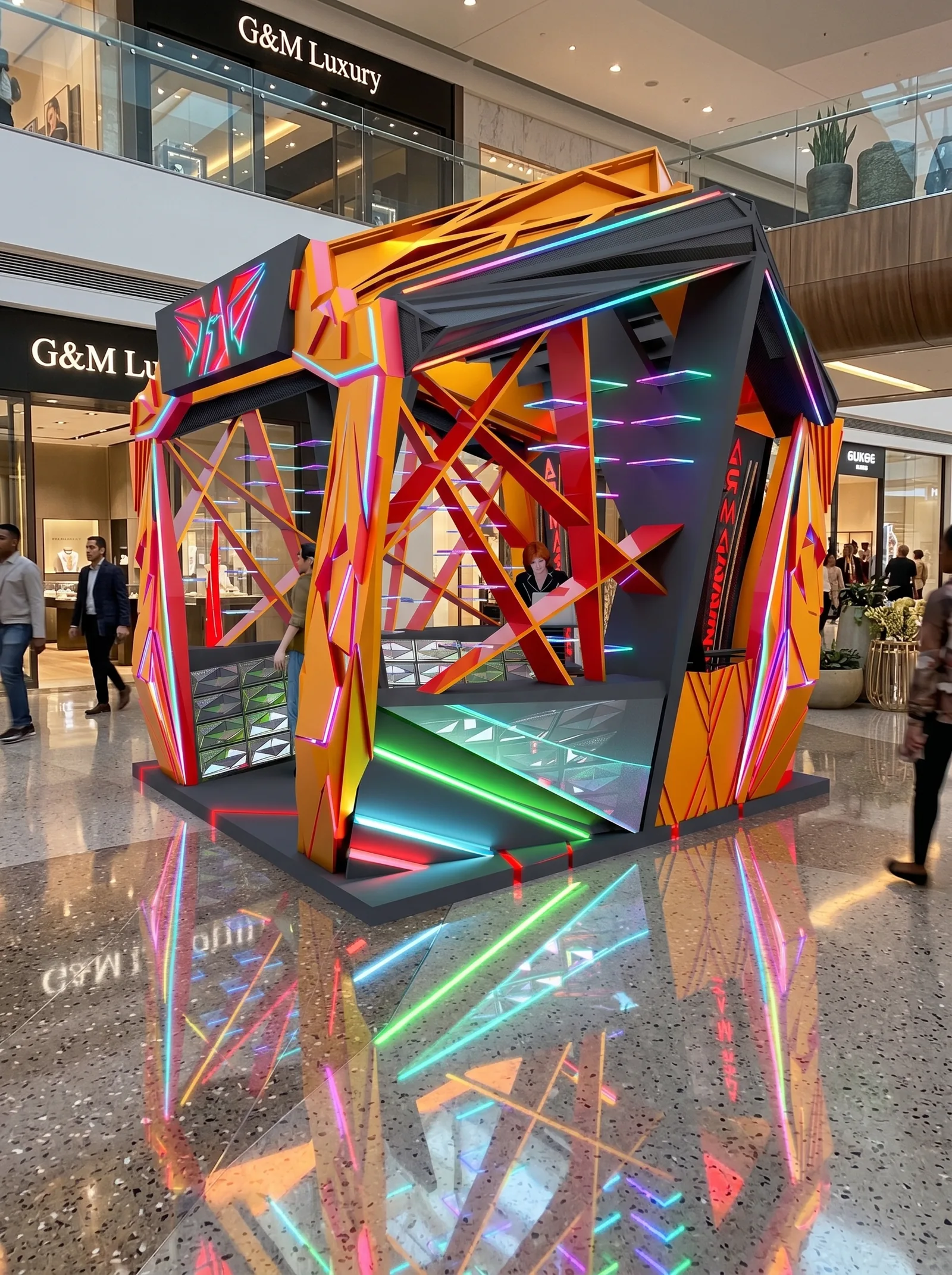 Armageddon Gaming Kiosk: A Faceted Red-and-Gold Pavilion, from the 2014 Concept to 2026 Visuals | Kenania Inventive Arts 2026 visual: LED strips reflected in the polished floor