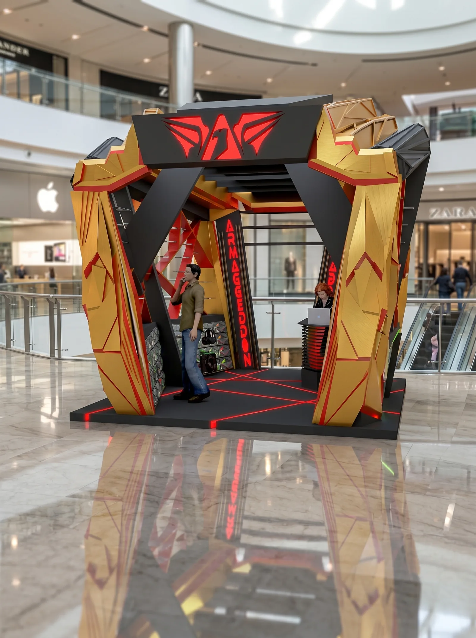 Armageddon Gaming Kiosk: A Faceted Red-and-Gold Pavilion, from the 2014 Concept to 2026 Visuals | Kenania Inventive Arts 2026 visual: front view from the mall walkway