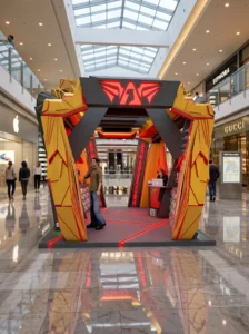 Armageddon Gaming Kiosk: A Faceted Red-and-Gold Pavilion, from the 2014 Concept to 2026 Visuals | Kenania Inventive Arts Armageddon gaming kiosk: faceted red-and-gold pavilion in a mall atrium