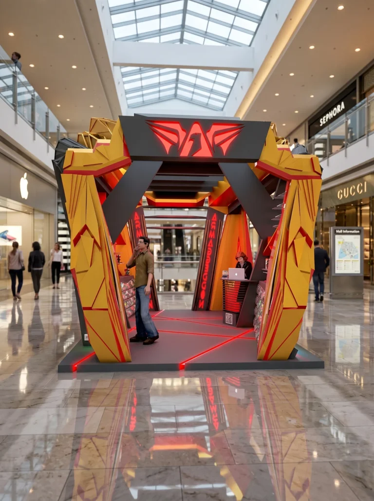 Armageddon Gaming Kiosk: A Faceted Red-and-Gold Pavilion, from the 2014 Concept to 2026 Visuals | Kenania Inventive Arts Armageddon gaming kiosk: faceted red-and-gold pavilion in a mall atrium