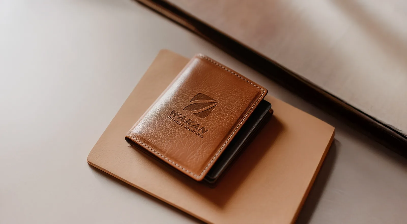 Brand identity design: Wakan logo embossed on a leather wallet