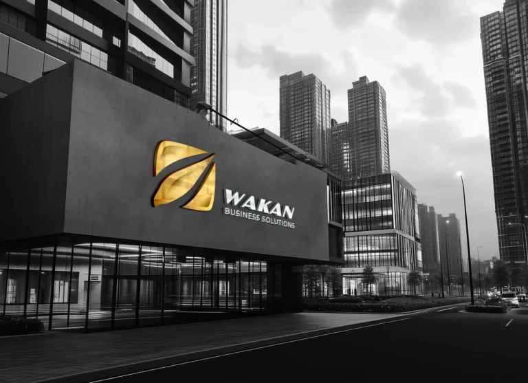 Brand Identity Portfolio: Logos, Stationery and Signage for Gulf Companies | Kenania Inventive Arts Wakan Business Solutions logo on a glass office tower