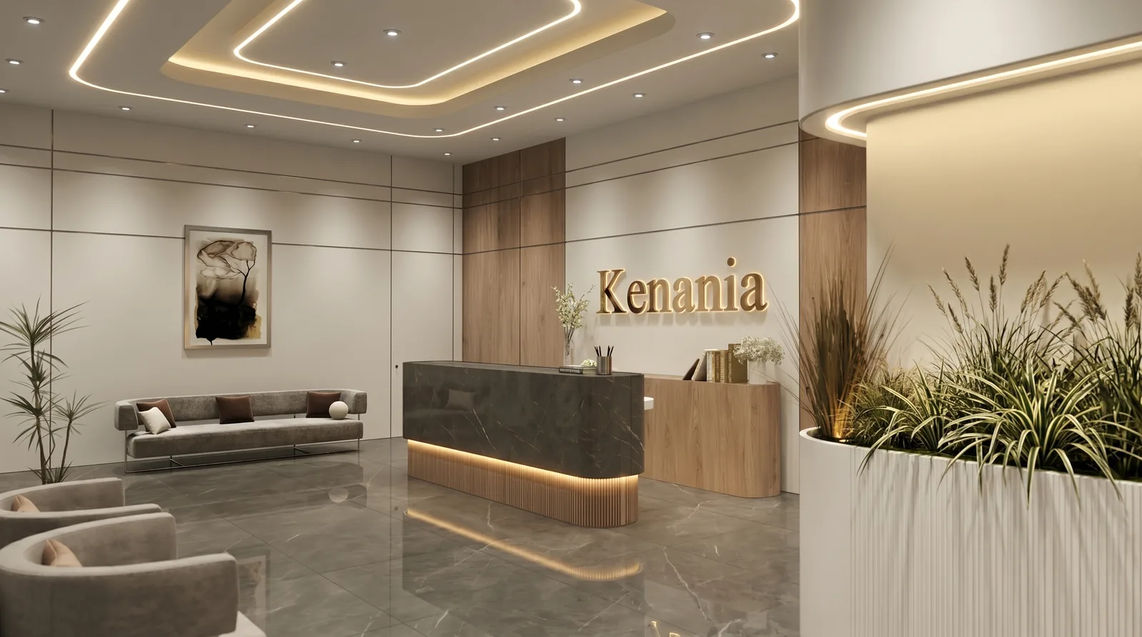 Reception desk in dark veined stone with a warm timber backdrop