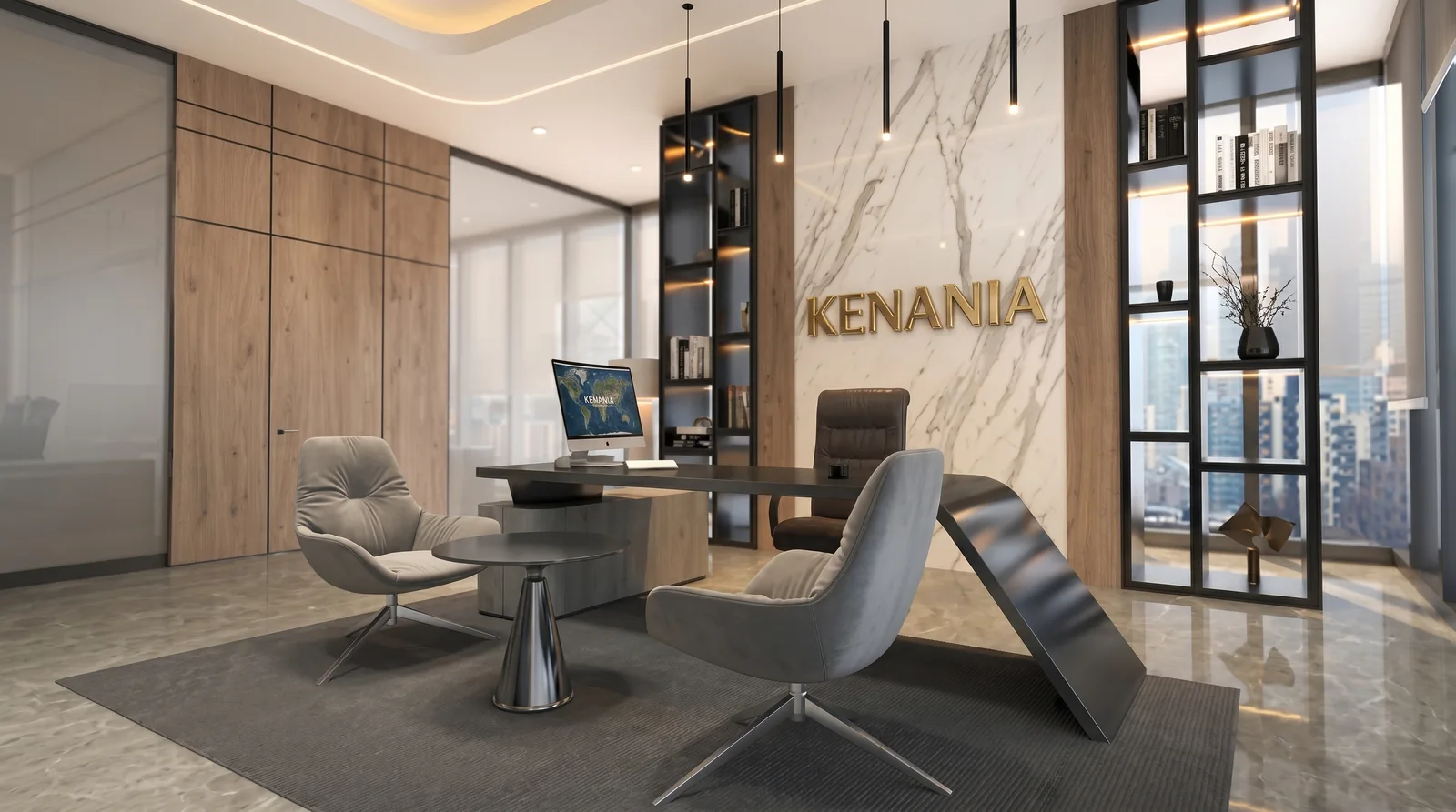 Executive office with a sculptural desk and city view