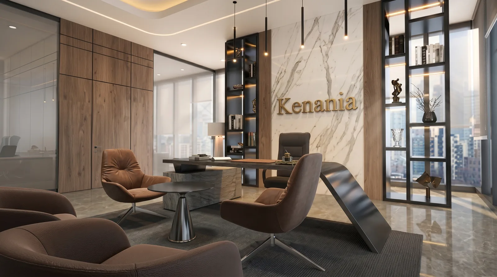 Executive office with a black steel display shelf