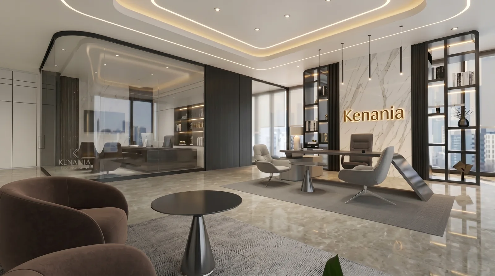 Glass-fronted executive suite from the open office