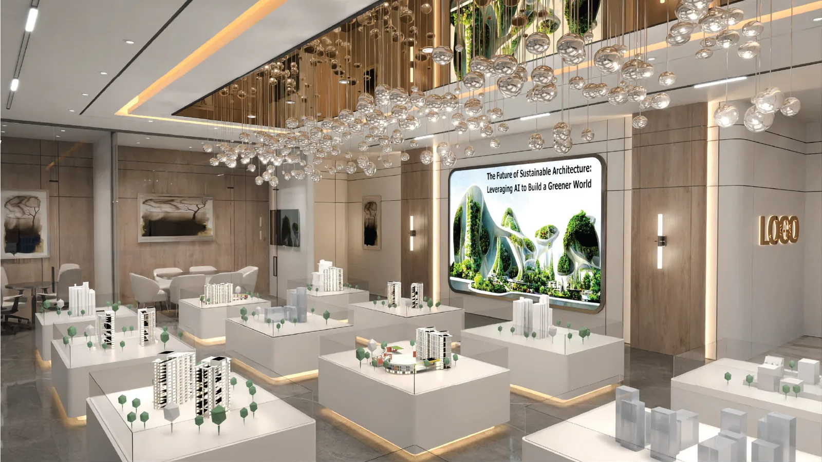 Showroom with architectural models on plinths under a bubble chandelier