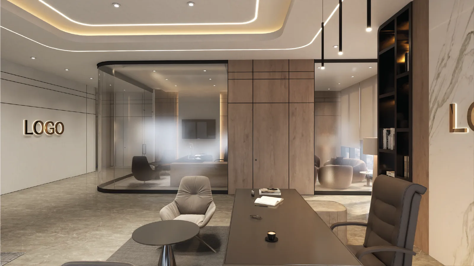 Manager office with a curved ceiling recess