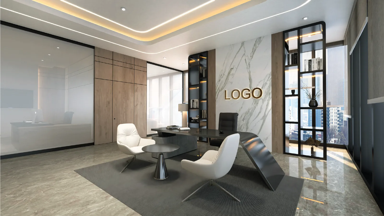 Executive office with a glass partition to the open plan