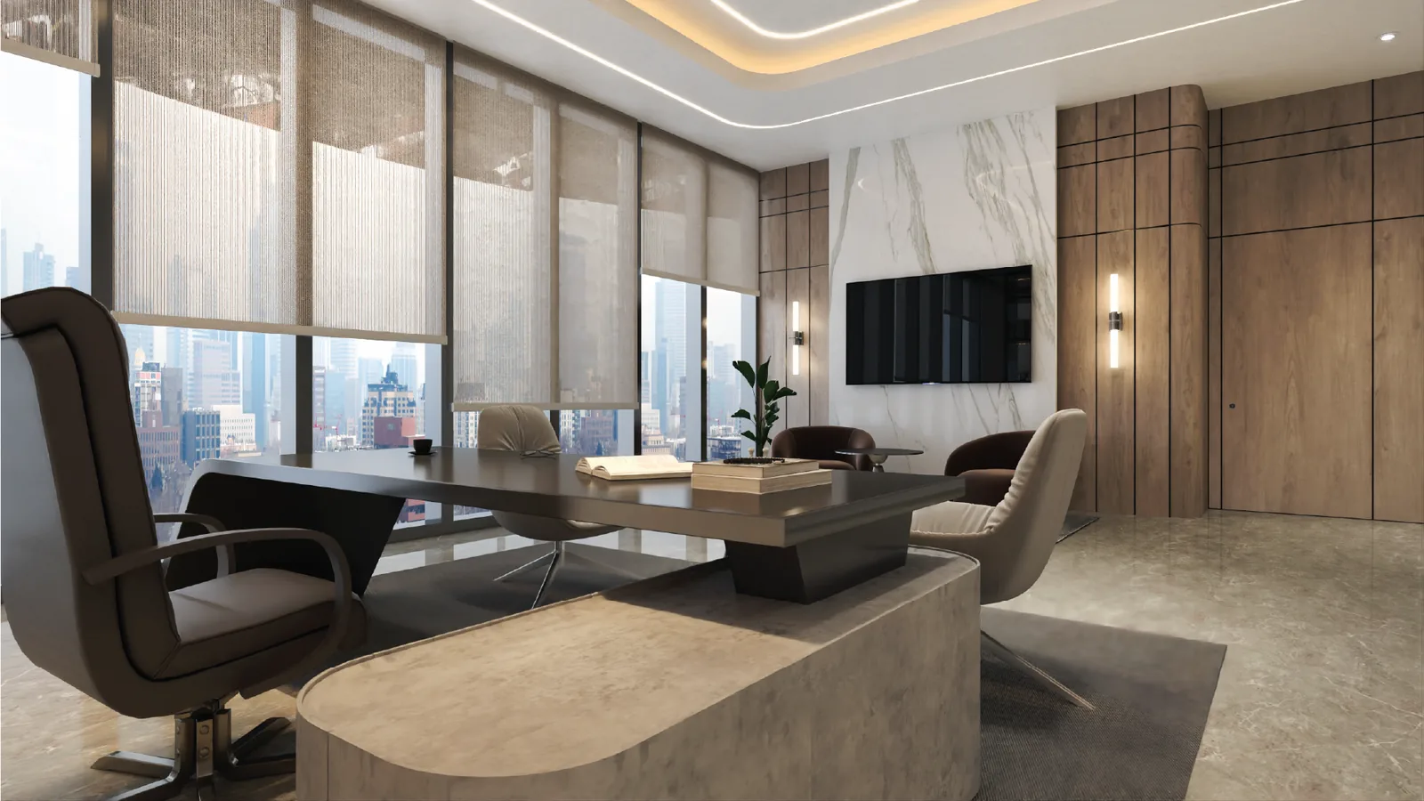 Boardroom with leather chairs and full-height windows