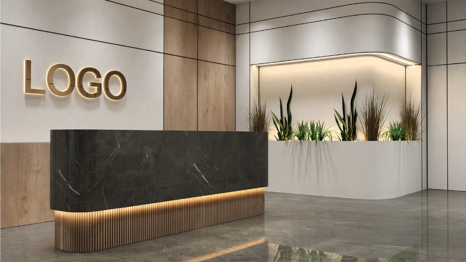 Reception desk with backlit stone front