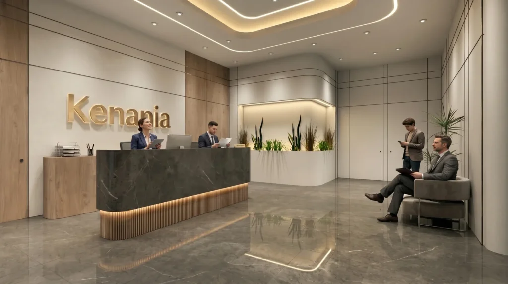 Corporate reception with a dark stone desk, backlit logo wall and planting