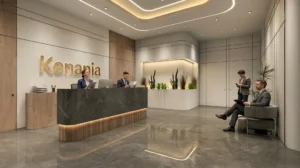Corporate Headquarters and Showroom Interior, UAE (2024): Reception, Executive Floor and Model Gallery | Kenania Inventive Arts Corporate reception with a dark stone desk, backlit logo wall and planting