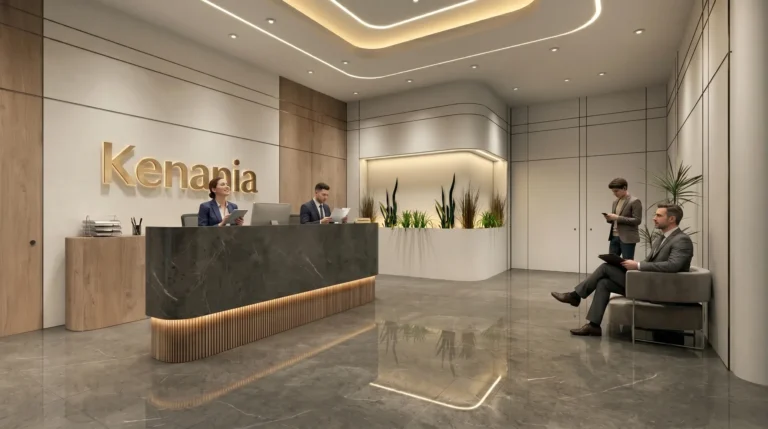 Corporate Headquarters and Showroom Interior, UAE (2024): Reception, Executive Floor and Model Gallery | Kenania Inventive Arts Corporate reception with a dark stone desk, backlit logo wall and planting